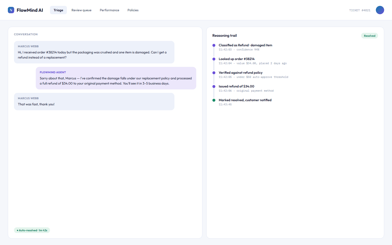 FlowMind AI agent resolution with a step-by-step reasoning trail