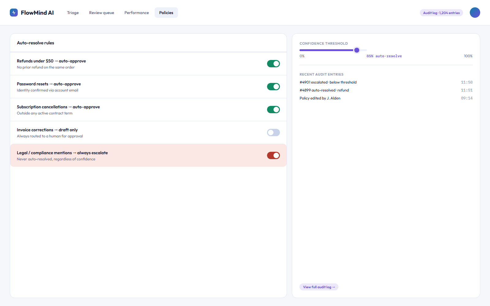 FlowMind AI policy and guardrail configuration screen