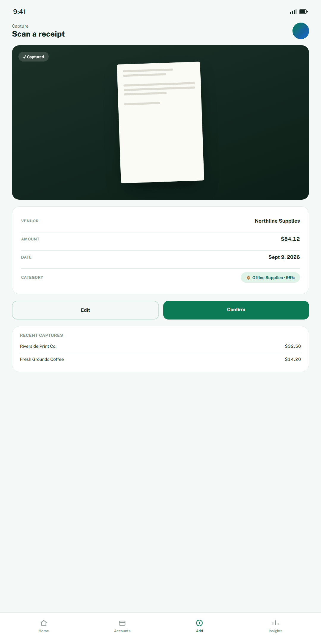 PayLedger receipt capture with auto-categorization