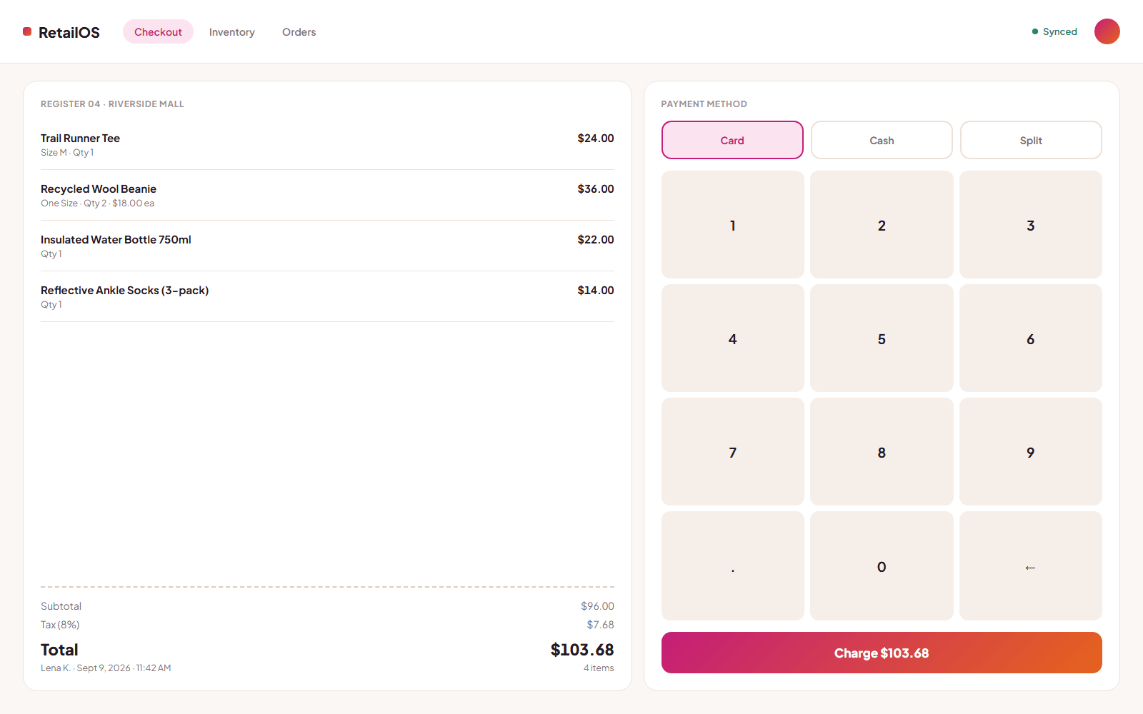 RetailOS POS checkout screen with cart, totals, and payment methods