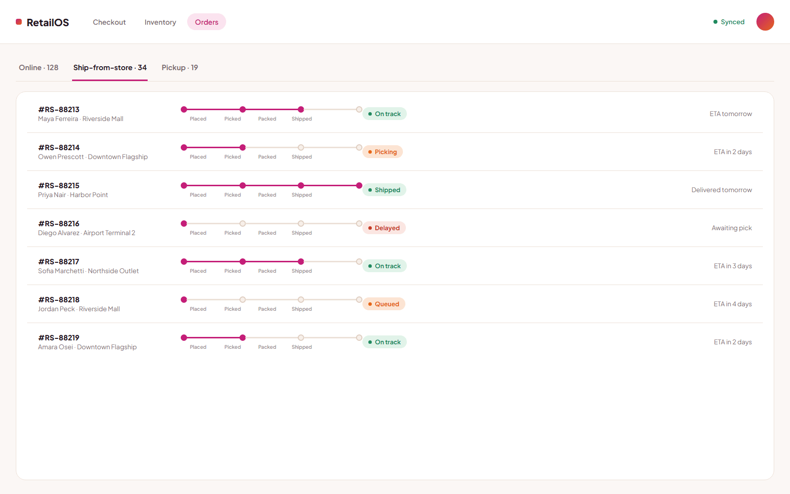RetailOS order fulfillment tracking with stepped status